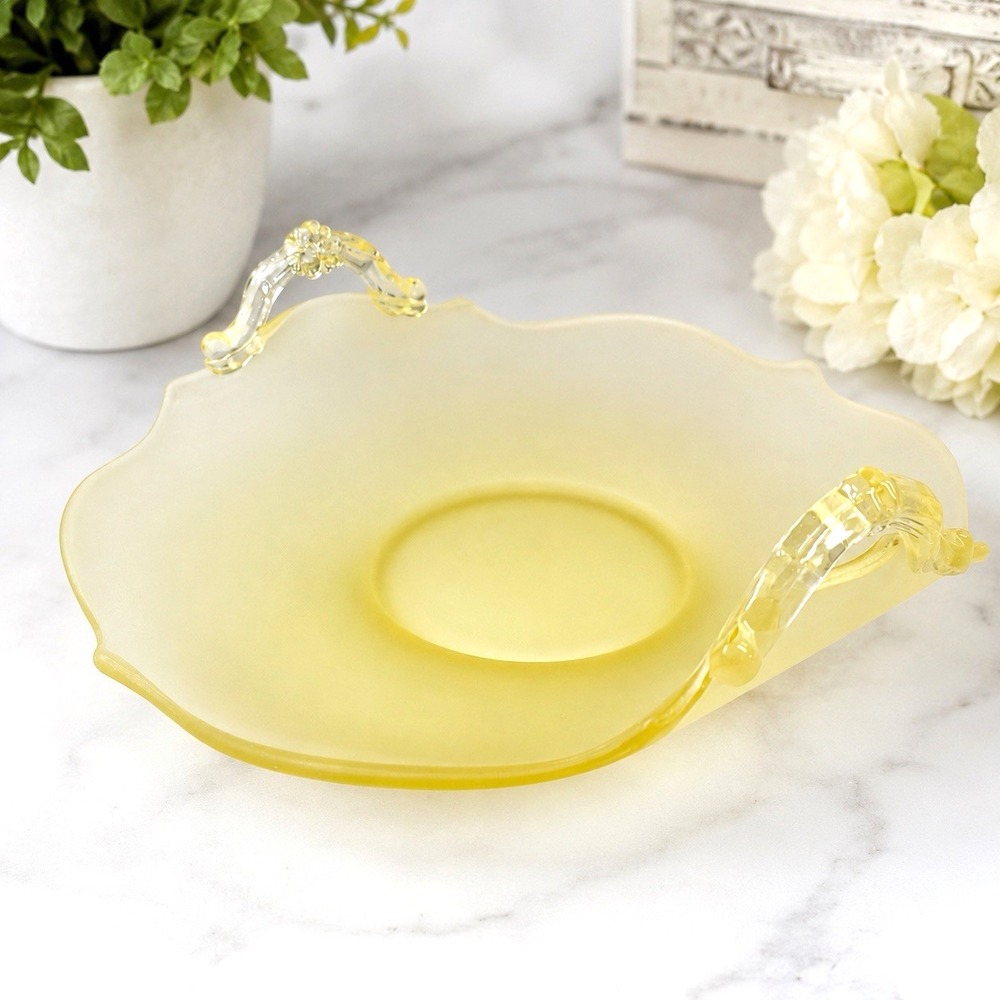 VTG Lancaster Glass Topaz Yellow Satin Frosted Handled Bon Bon Serving Bowl 7"